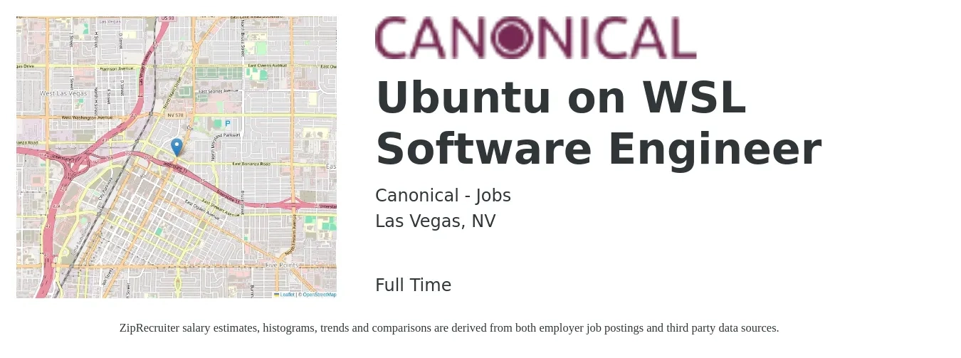 Canonical - Jobs job posting for a Ubuntu on WSL Software Engineer in Las Vegas, NV with a salary of $69,700 to $91,200 Yearly with a map of Las Vegas location.