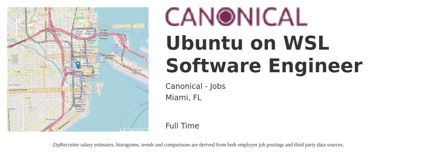 Canonical - Jobs job posting for a Ubuntu on WSL Software Engineer in Miami, FL with a salary of $69,800 to $91,300 Yearly with a map of Miami location.