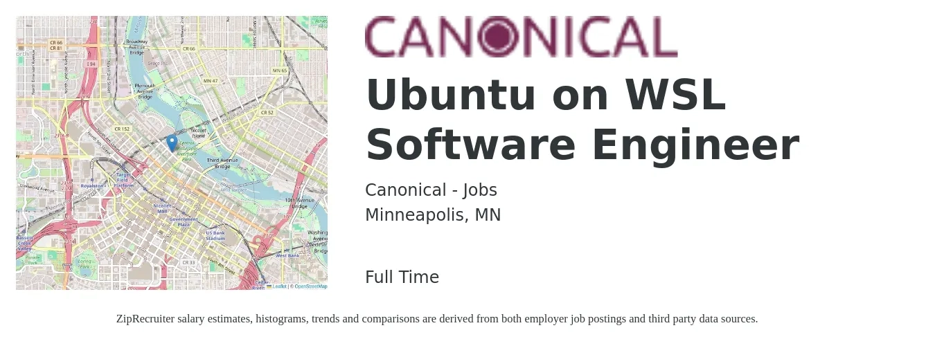 Canonical - Jobs job posting for a Ubuntu on WSL Software Engineer in Minneapolis, MN with a salary of $76,200 to $99,700 Yearly with a map of Minneapolis location.