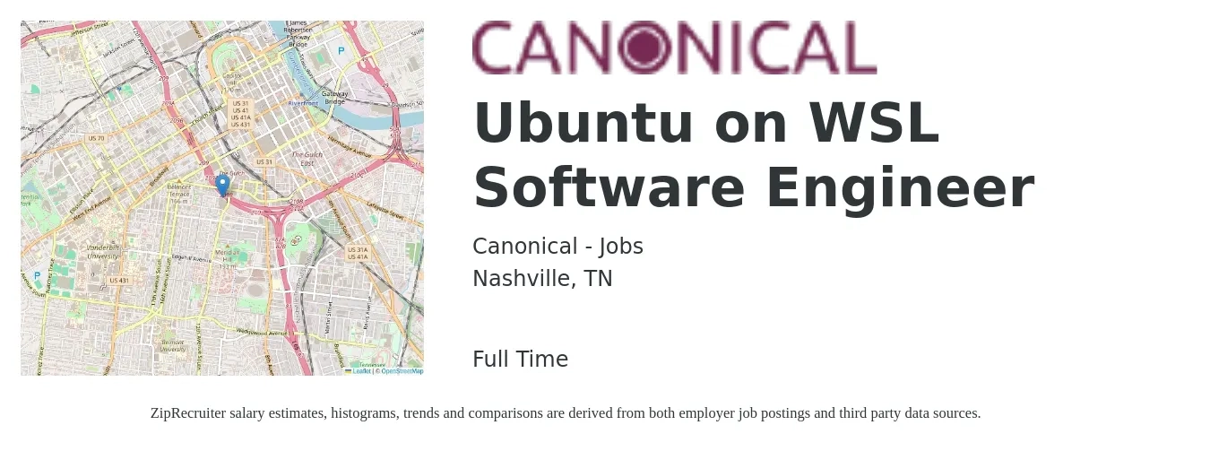 Canonical - Jobs job posting for a Ubuntu on WSL Software Engineer in Nashville, TN with a salary of $70,500 to $92,200 Yearly with a map of Nashville location.