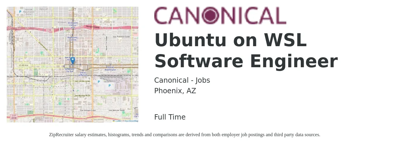 Canonical - Jobs job posting for a Ubuntu on WSL Software Engineer in Phoenix, AZ with a salary of $72,500 to $94,800 Yearly with a map of Phoenix location.