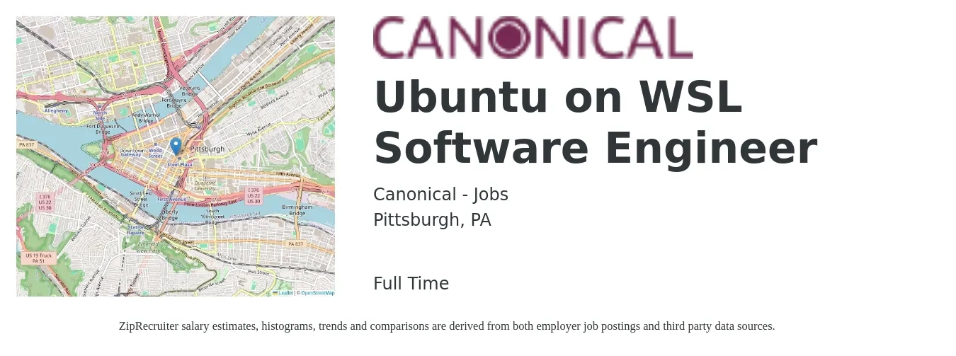 Canonical - Jobs job posting for a Ubuntu on WSL Software Engineer in Pittsburgh, PA with a salary of $70,900 to $92,700 Yearly with a map of Pittsburgh location.