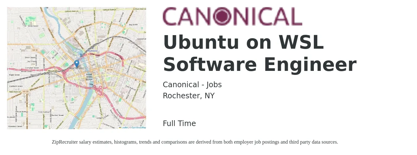 Canonical - Jobs job posting for a Ubuntu on WSL Software Engineer in Rochester, NY with a salary of $72,000 to $94,200 Yearly with a map of Rochester location.