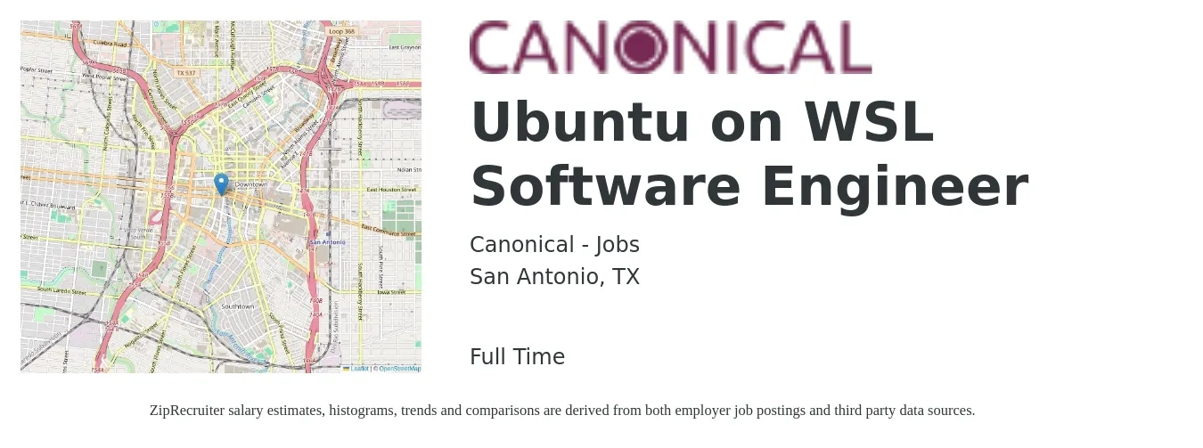 Canonical - Jobs job posting for a Ubuntu on WSL Software Engineer in San Antonio, TX with a salary of $65,800 to $86,100 Yearly with a map of San Antonio location.