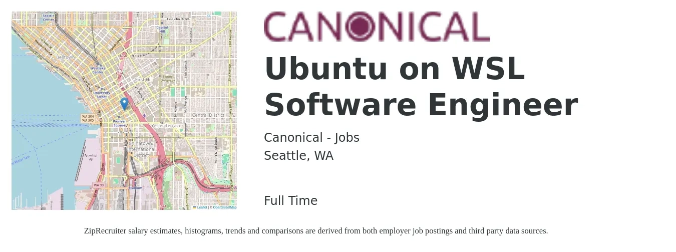 Canonical - Jobs job posting for a Ubuntu on WSL Software Engineer in Seattle, WA with a salary of $83,100 to $108,700 Yearly with a map of Seattle location.
