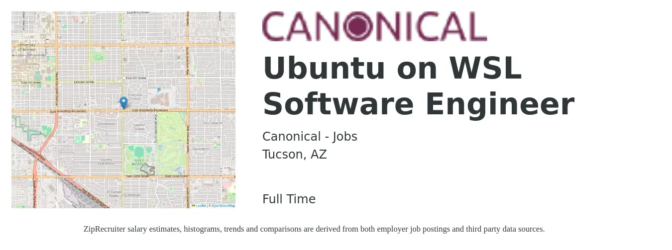 Canonical - Jobs job posting for a Ubuntu on WSL Software Engineer in Tucson, AZ with a salary of $69,000 to $90,300 Yearly with a map of Tucson location.