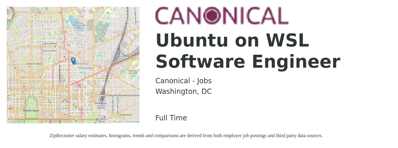 Canonical - Jobs job posting for a Ubuntu on WSL Software Engineer in Washington, DC with a salary of $82,700 to $108,200 Yearly with a map of Washington location.