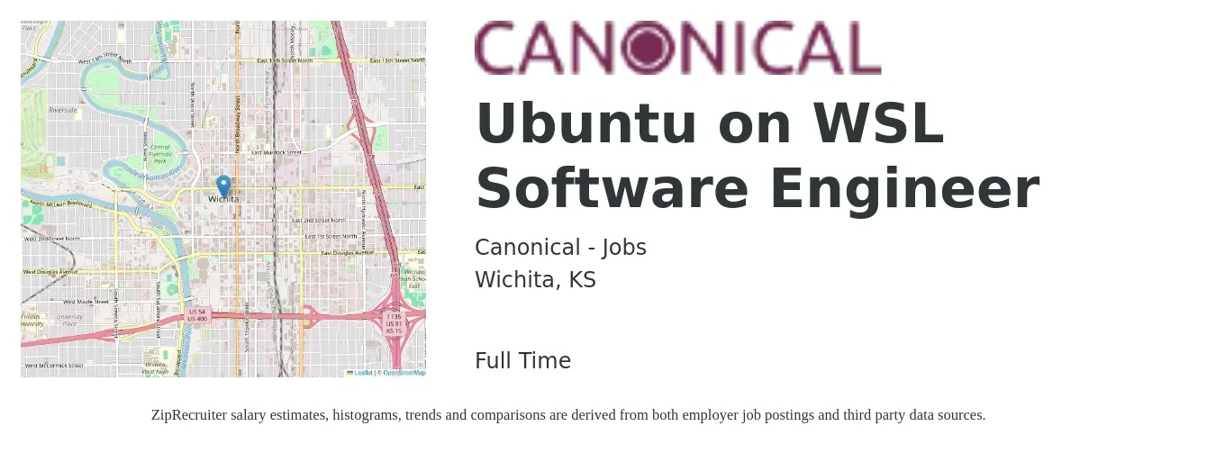 Canonical - Jobs job posting for a Ubuntu on WSL Software Engineer in Wichita, KS with a salary of $65,300 to $85,400 Yearly with a map of Wichita location.