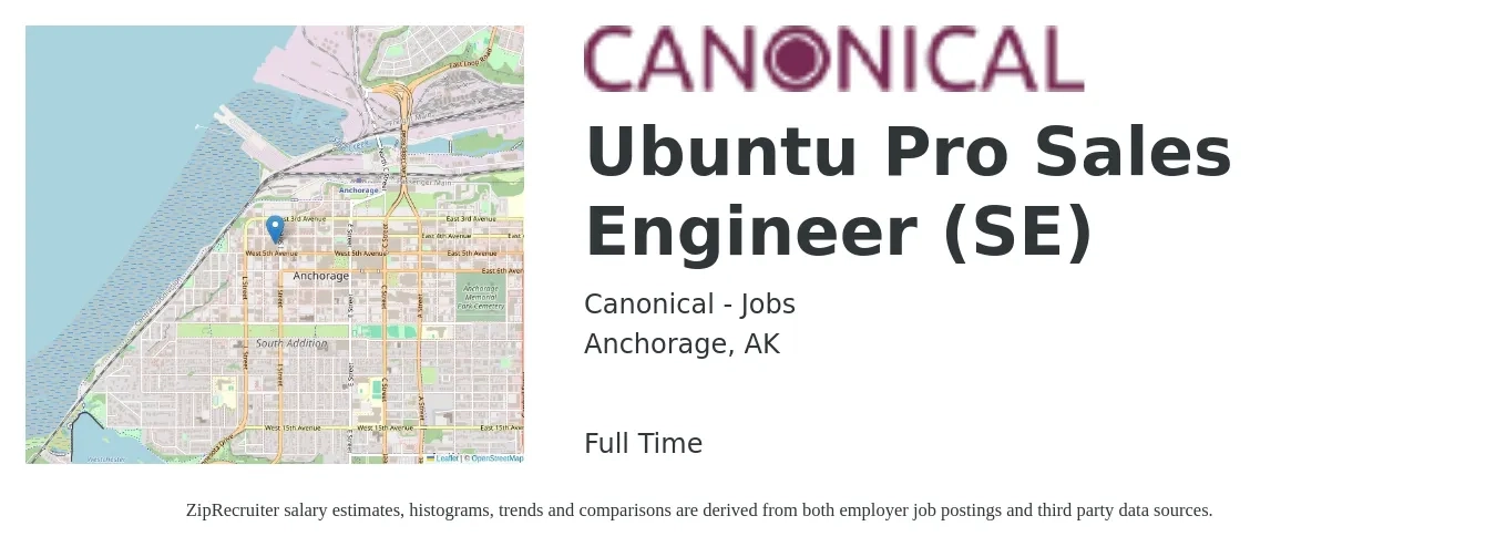 Canonical - Jobs job posting for a Ubuntu Pro Sales Engineer (SE) in Anchorage, AK with a salary of $76,600 to $115,000 Yearly with a map of Anchorage location.
