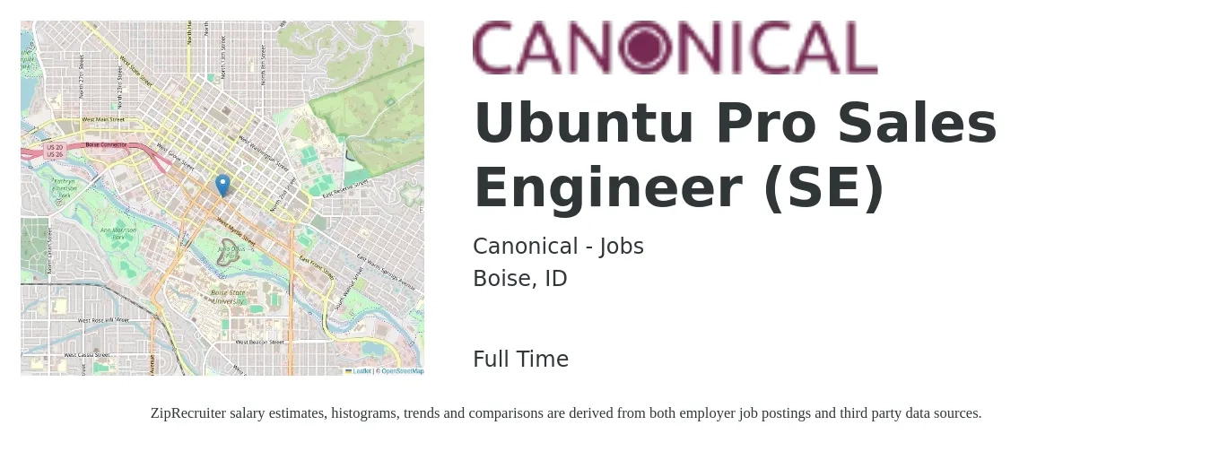 Canonical - Jobs job posting for a Ubuntu Pro Sales Engineer (SE) in Boise, ID with a salary of $71,400 to $107,100 Yearly with a map of Boise location.