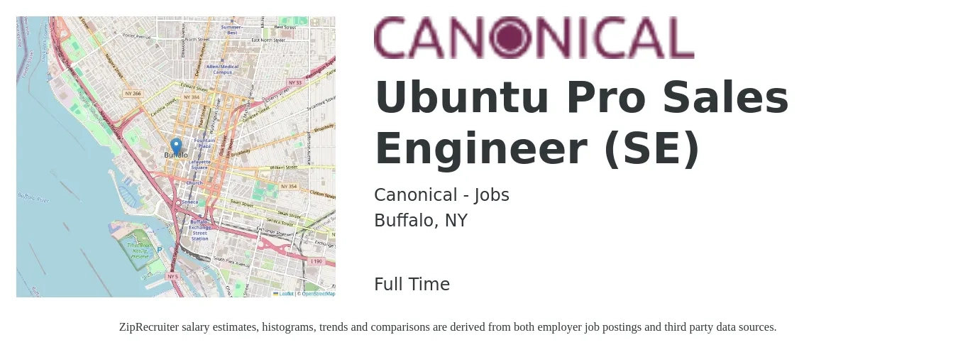 Canonical - Jobs job posting for a Ubuntu Pro Sales Engineer (SE) in Buffalo, NY with a salary of $72,600 to $109,000 Yearly with a map of Buffalo location.