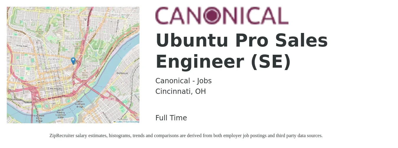 Canonical - Jobs job posting for a Ubuntu Pro Sales Engineer (SE) in Cincinnati, OH with a salary of $72,000 to $107,900 Yearly with a map of Cincinnati location.