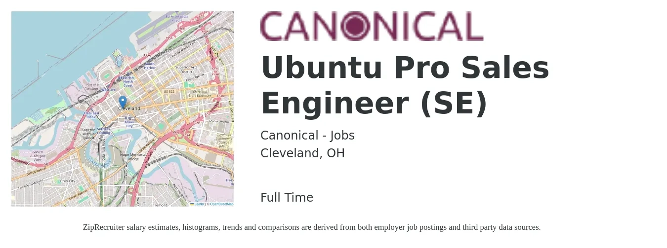 Canonical - Jobs job posting for a Ubuntu Pro Sales Engineer (SE) in Cleveland, OH with a salary of $72,700 to $109,100 Yearly with a map of Cleveland location.