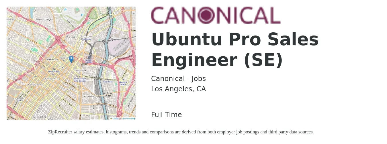 Canonical - Jobs job posting for a Ubuntu Pro Sales Engineer (SE) in Los Angeles, CA with a salary of $80,800 to $121,200 Yearly with a map of Los Angeles location.