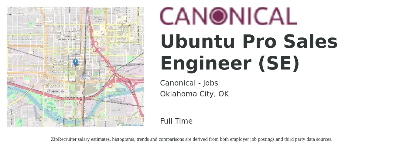 Canonical - Jobs job posting for a Ubuntu Pro Sales Engineer (SE) in Oklahoma City, OK with a salary of $69,700 to $104,500 Yearly with a map of Oklahoma City location.