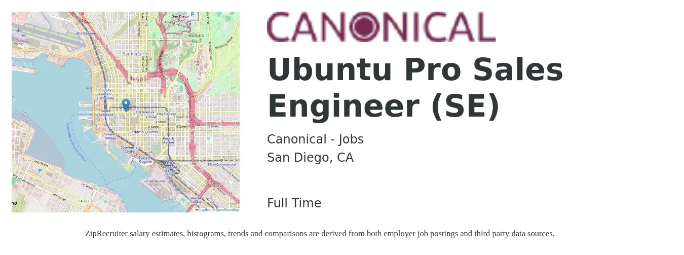 Canonical - Jobs job posting for a Ubuntu Pro Sales Engineer (SE) in San Diego, CA with a salary of $79,600 to $119,400 Yearly with a map of San Diego location.