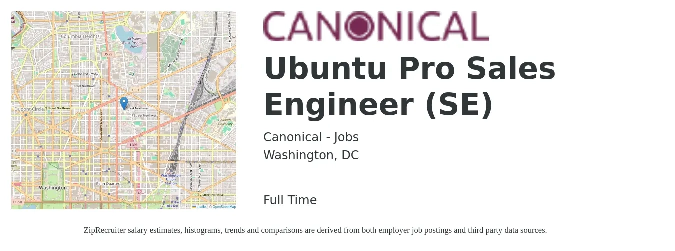Canonical - Jobs job posting for a Ubuntu Pro Sales Engineer (SE) in Washington, DC with a salary of $84,900 to $127,400 Yearly with a map of Washington location.