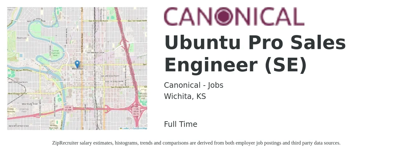 Canonical - Jobs job posting for a Ubuntu Pro Sales Engineer (SE) in Wichita, KS with a salary of $67,100 to $100,600 Yearly with a map of Wichita location.