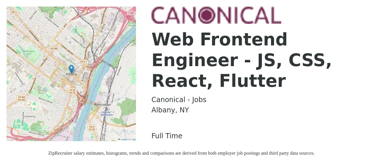 Canonical - Jobs job posting for a Web Frontend Engineer - JS, CSS, React, Flutter in Albany, NY with a salary of $79,400 to $116,700 Yearly with a map of Albany location.