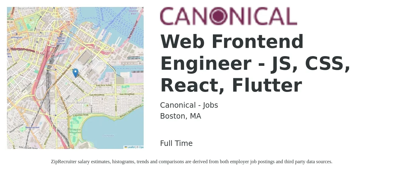 Canonical - Jobs job posting for a Web Frontend Engineer - JS, CSS, React, Flutter in Boston, MA with a salary of $86,900 to $127,700 Yearly with a map of Boston location.
