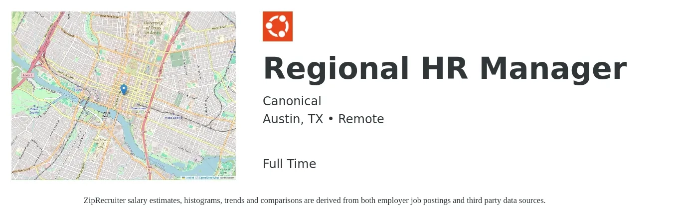 Canonical job posting for a Regional HR Manager in Austin, TX with a salary of $79,300 to $109,000 Yearly with a map of Austin location.