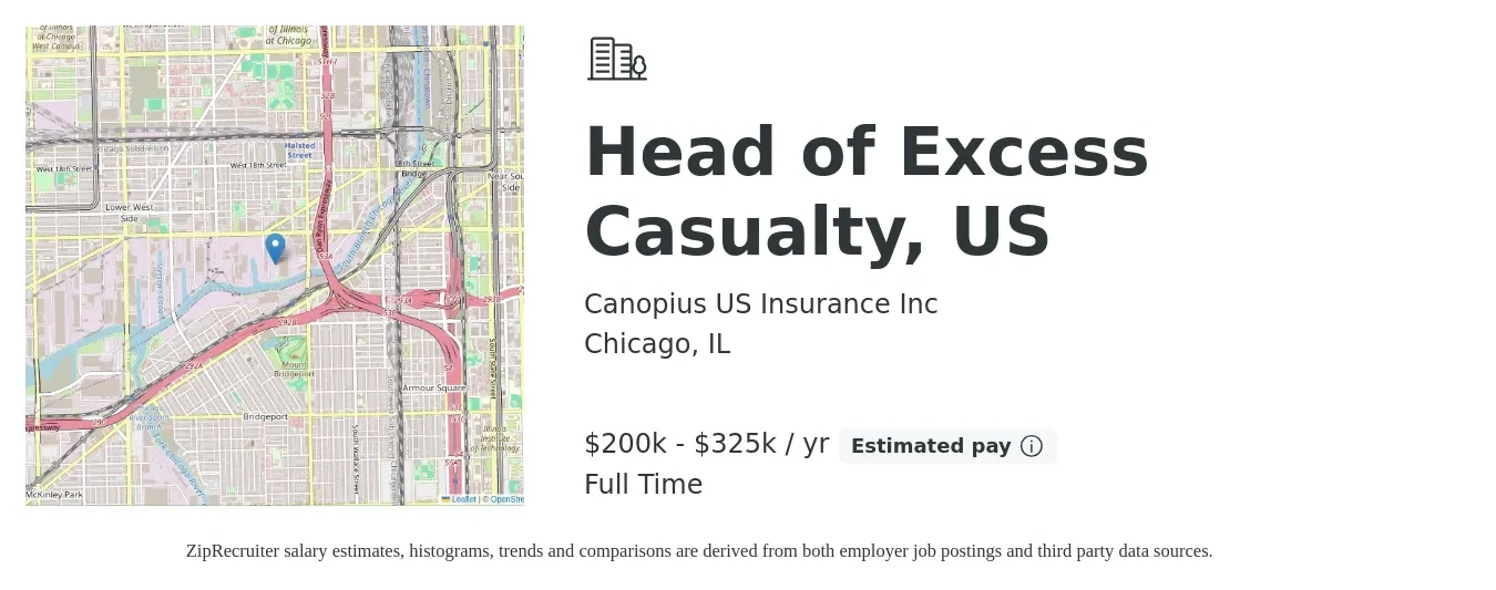 Canopius US Insurance Inc job posting for a Head of Excess Casualty, US in Chicago, IL with a salary of $200,000 to $325,000 Yearly with a map of Chicago location.