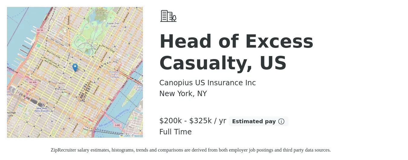 Canopius US Insurance Inc job posting for a Head of Excess Casualty, US in New York, NY with a salary of $200,000 to $325,000 Yearly with a map of New York location.