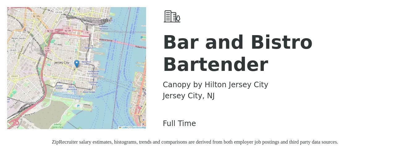 Canopy by Hilton Jersey City job posting for a Bar and Bistro Bartender in Jersey City, NJ with a salary of $11 to $20 Hourly with a map of Jersey City location.