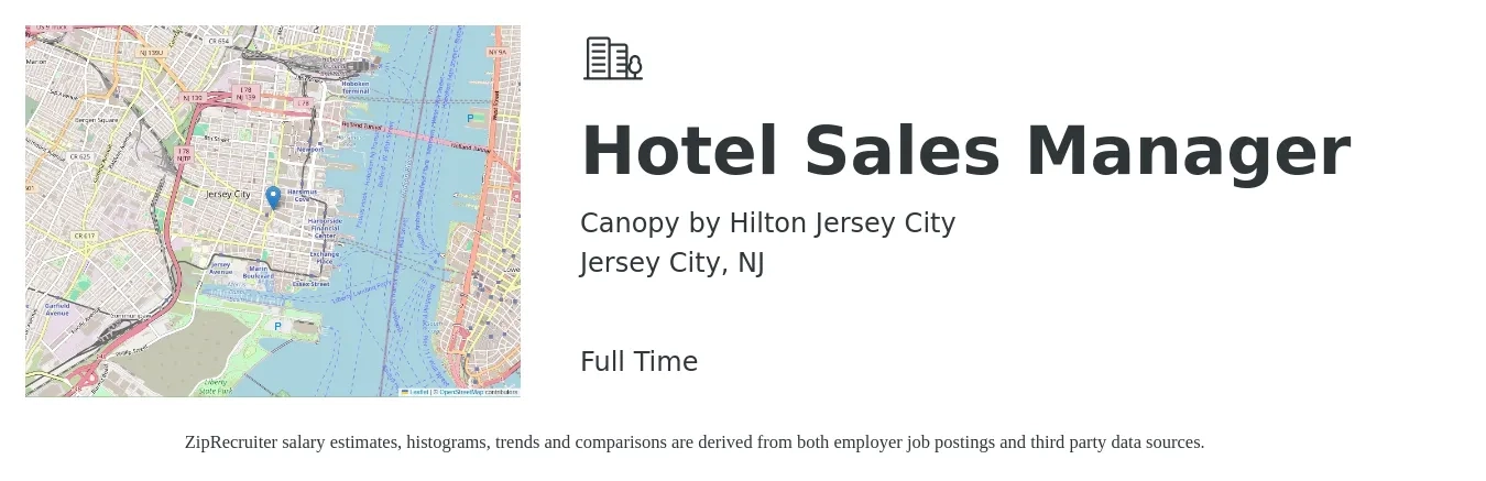 Canopy by Hilton Jersey City job posting for a Hotel Sales Manager in Jersey City, NJ with a salary of $58,600 to $78,800 Yearly with a map of Jersey City location.