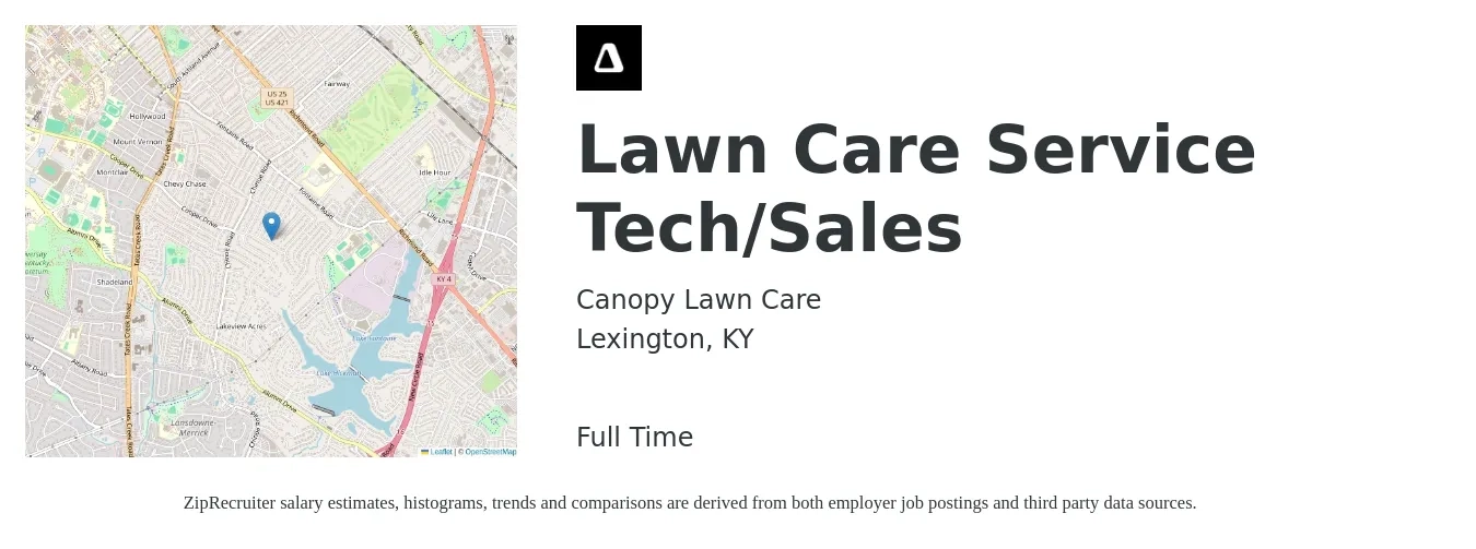 Canopy Lawn Care job posting for a Lawn Care Service Tech/Sales in Lexington, KY with a salary of $17 to $22 Hourly and benefits including pto with a map of Lexington location.
