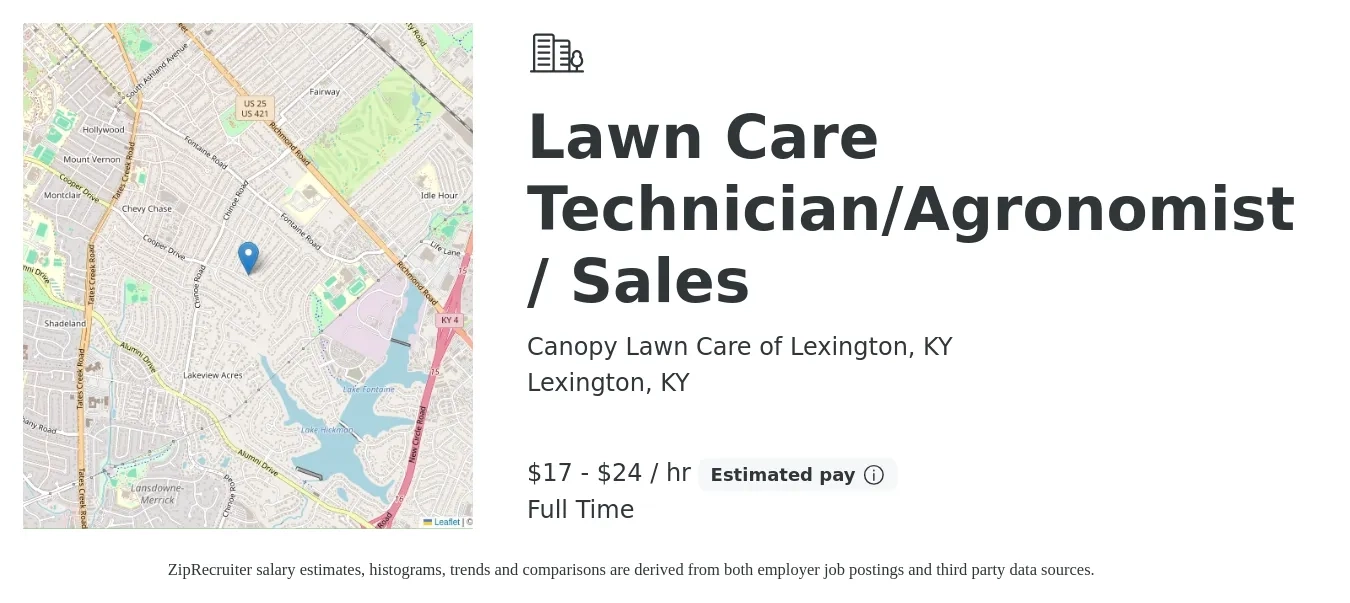 Canopy Lawn Care of Lexington, KY job posting for a Lawn Care Technician/Agronomist / Sales in Lexington, KY with a salary of $18 to $25 Hourly with a map of Lexington location.