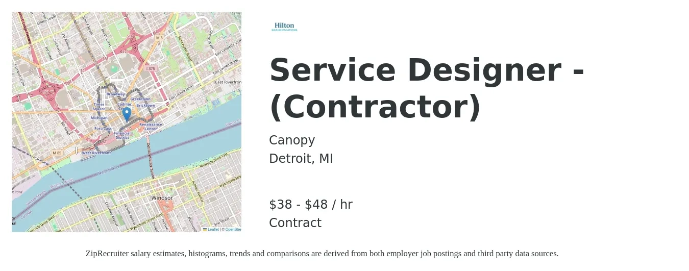 Canopy job posting for a Service Designer - (Contractor) in Detroit, MI with a salary of $40 to $50 Hourly with a map of Detroit location.