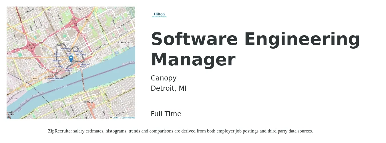 Canopy job posting for a Software Engineering Manager in Detroit, MI with a salary of $129,000 to $180,000 Yearly with a map of Detroit location.