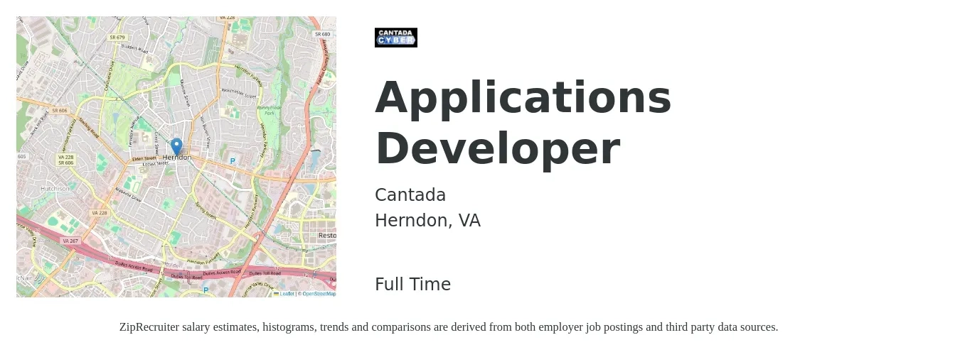 Cantada job posting for a Applications Developer in Herndon, VA with a salary of $45 to $65 Hourly with a map of Herndon location.