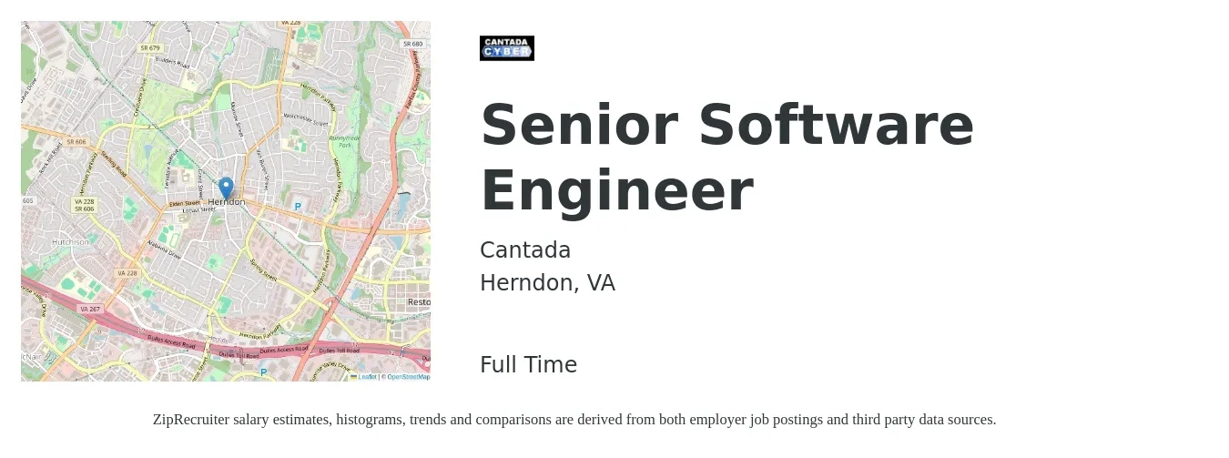 Cantada job posting for a Senior Software Engineer in Herndon, VA with a salary of $126,000 to $166,100 Yearly with a map of Herndon location.