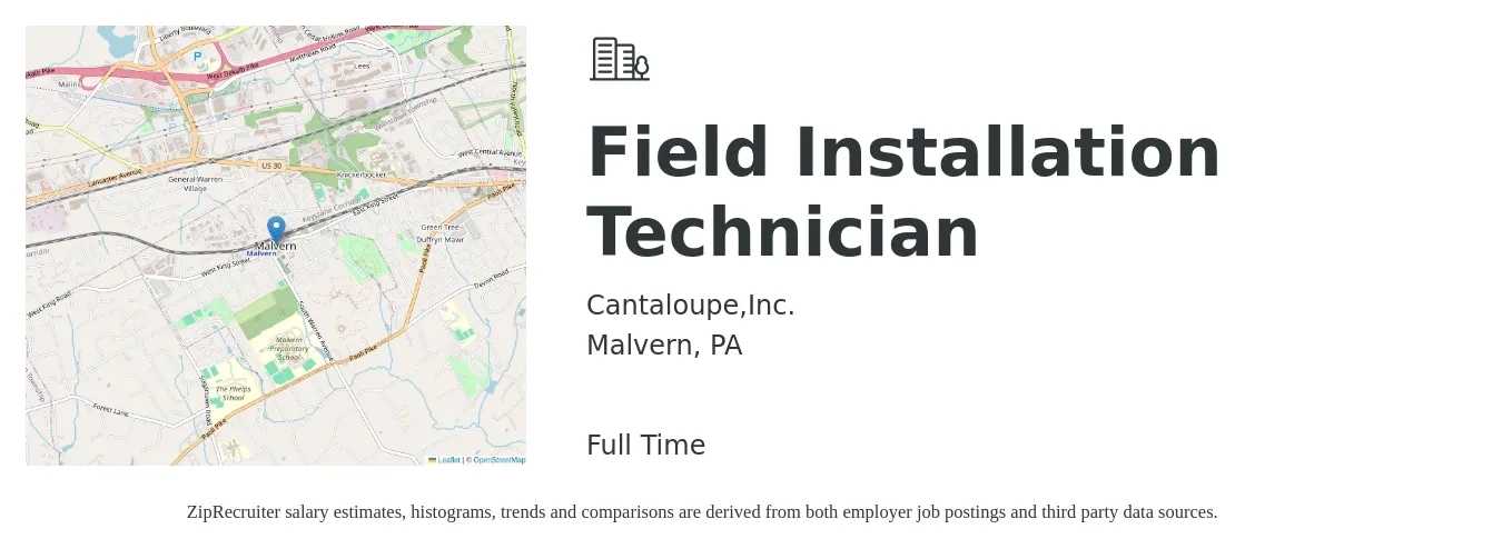 Cantaloupe,Inc. job posting for a Field Installation Technician in Malvern, PA with a salary of $22 to $27 Hourly with a map of Malvern location.