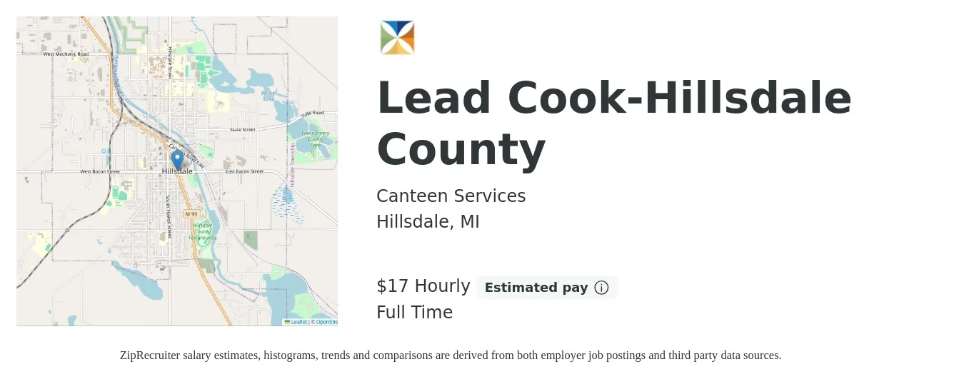 Canteen Services job posting for a Lead Cook-Hillsdale County in Hillsdale, MI with a salary of $18 Hourly with a map of Hillsdale location.