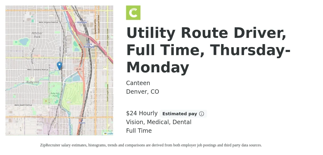 Canteen job posting for a Utility Route Driver, Full Time, Thursday-Monday in Denver, CO with a salary of $26 Hourly and benefits including dental, life_insurance, medical, pto, retirement, and vision with a map of Denver location.