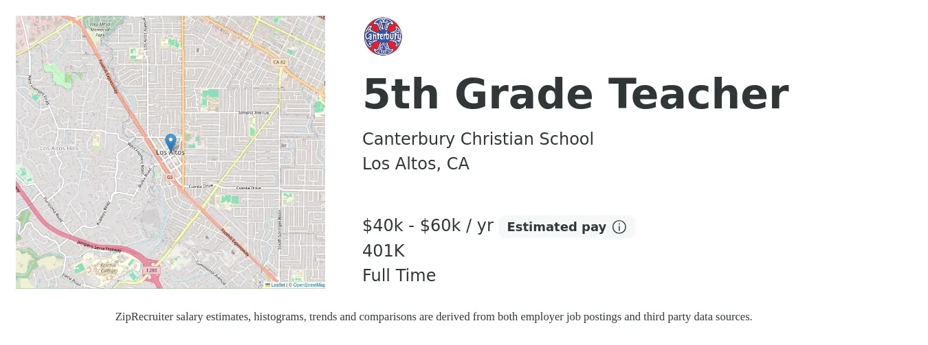 Canterbury Christian School job posting for a 5th Grade Teacher in Los Altos, CA with a salary of $40,000 to $60,000 Yearly and benefits including 401k with a map of Los Altos location.
