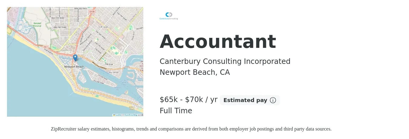 Canterbury Consulting Incorporated job posting for a Accountant in Newport Beach, CA with a salary of $65,000 to $70,000 Yearly with a map of Newport Beach location.