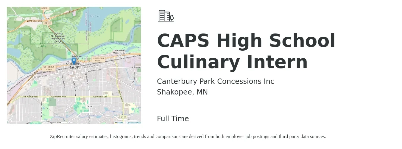 Canterbury Park Concessions Inc job posting for a CAPS High School Culinary Intern in Shakopee, MN with a salary of $19 to $20 Hourly with a map of Shakopee location.