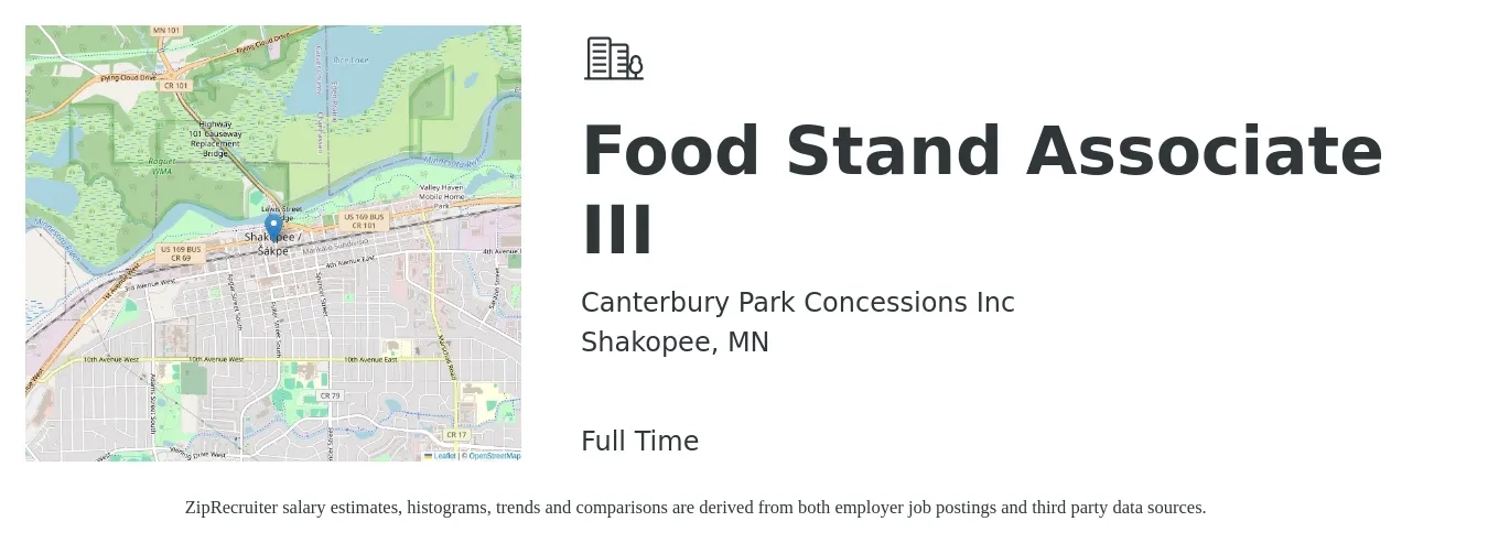 Canterbury Park Concessions Inc job posting for a Food Stand Associate III in Shakopee, MN with a salary of $15 to $20 Hourly with a map of Shakopee location.