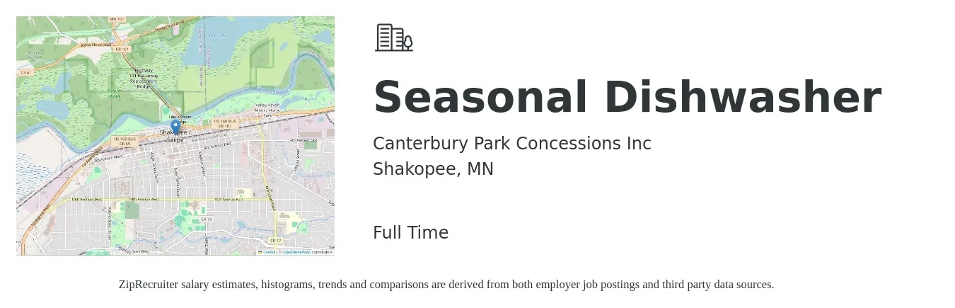 Canterbury Park Concessions Inc job posting for a Seasonal Dishwasher in Shakopee, MN with a salary of $14 to $18 Hourly with a map of Shakopee location.