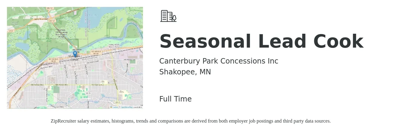 Canterbury Park Concessions Inc job posting for a Seasonal Lead Cook in Shakopee, MN with a salary of $18 to $24 Hourly with a map of Shakopee location.