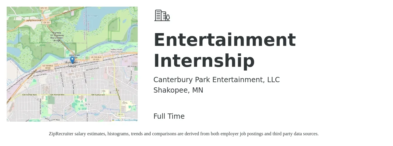 Canterbury Park Entertainment, LLC job posting for a Entertainment Internship in Shakopee, MN with a salary of $16 to $22 Hourly with a map of Shakopee location.