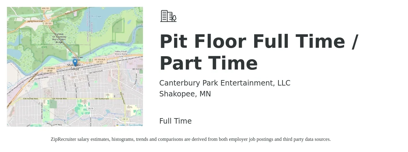 Canterbury Park Entertainment, LLC job posting for a Pit Floor Full Time / Part Time in Shakopee, MN with a salary of $46,000 to $74,300 Yearly with a map of Shakopee location.