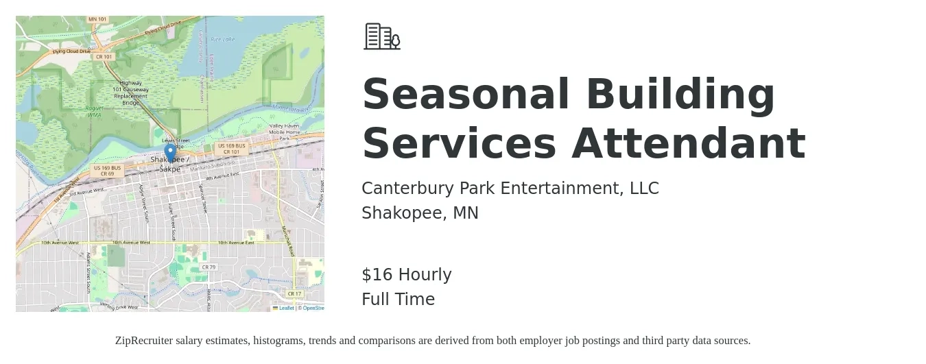 Canterbury Park Entertainment, LLC job posting for a Seasonal Building Services Attendant in Shakopee, MN with a salary of $17 Hourly with a map of Shakopee location.