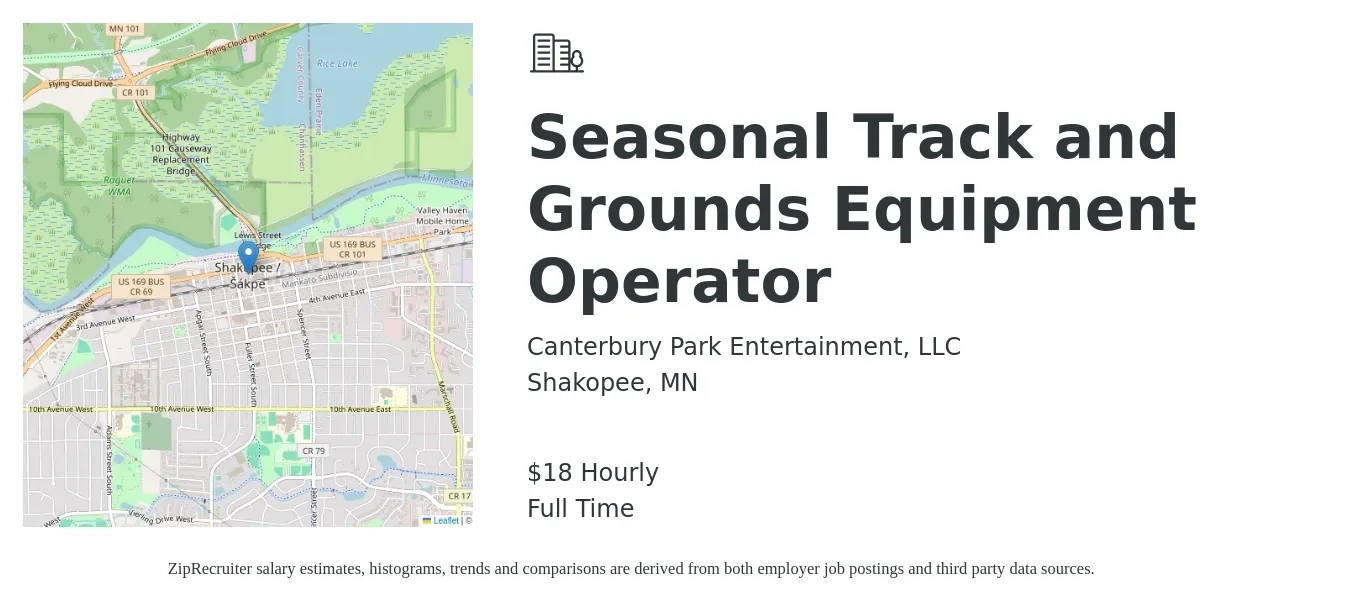 Canterbury Park Entertainment, LLC job posting for a Seasonal Track and Grounds Equipment Operator in Shakopee, MN with a salary of $19 Hourly with a map of Shakopee location.