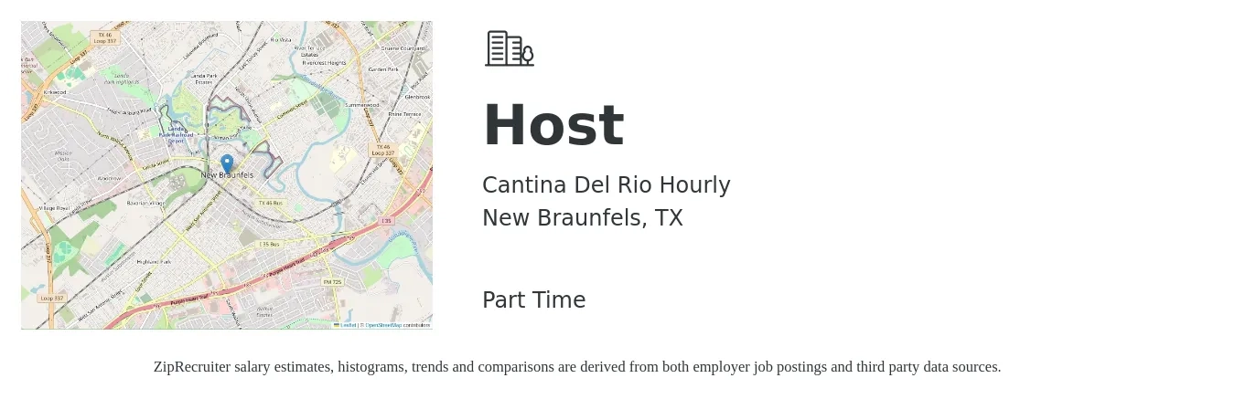 Cantina Del Rio Hourly job posting for a Host in New Braunfels, TX with a salary of $13 to $17 Hourly with a map of New Braunfels location.