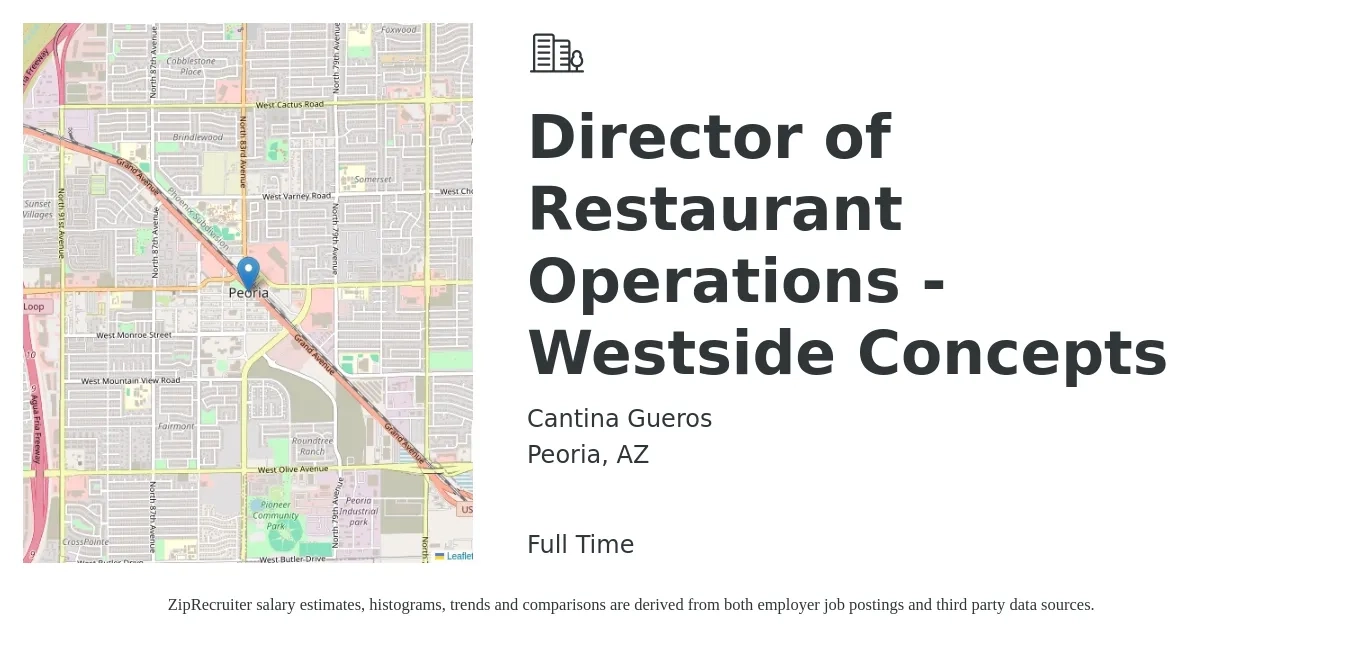 Cantina Gueros job posting for a Director of Restaurant Operations - Westside Concepts in Peoria, AZ with a salary of $71,700 to $130,000 Yearly with a map of Peoria location.